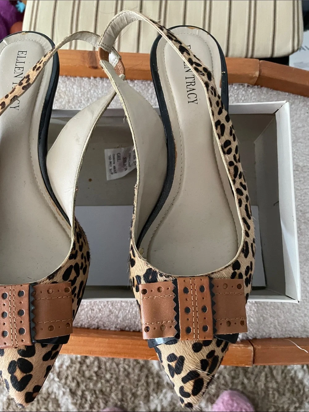 Ellen Tracy Leopard Print Slingback Pointed Toe Heels - Tan Accent